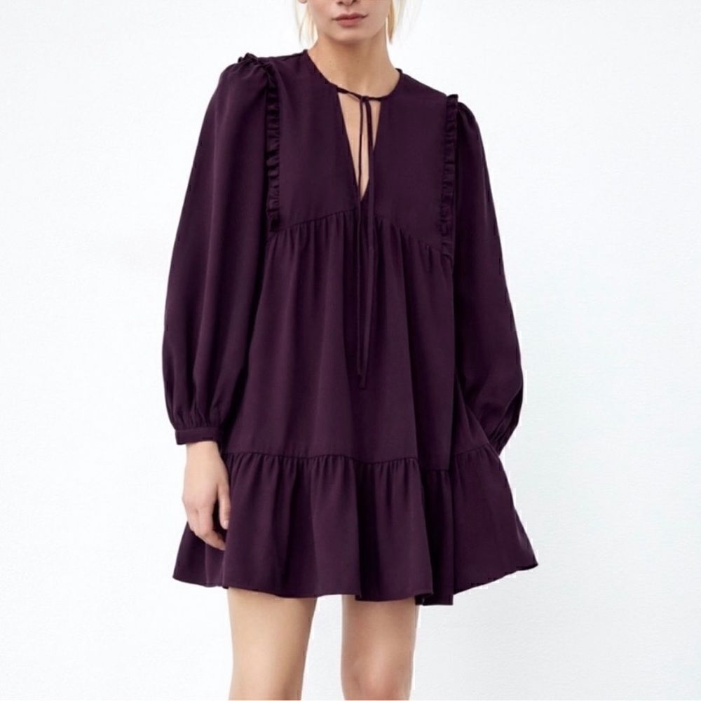 Zara Baby Doll Burgundy Puff Sleeve Mini Dress. Size XS.